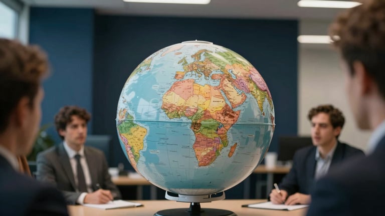 A close-up of a strategy brainstorming session in an International / Global office with dark navy blue accents on the walls.