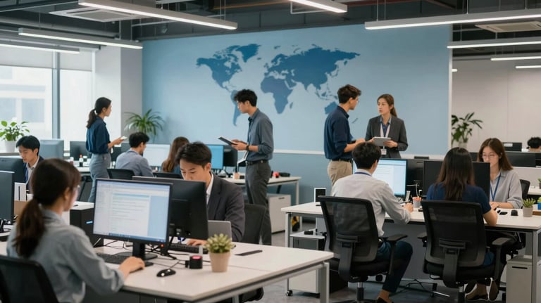 A bright International / Global agency workspace with people collaborating in the background, steel blue and muted light blue decor.