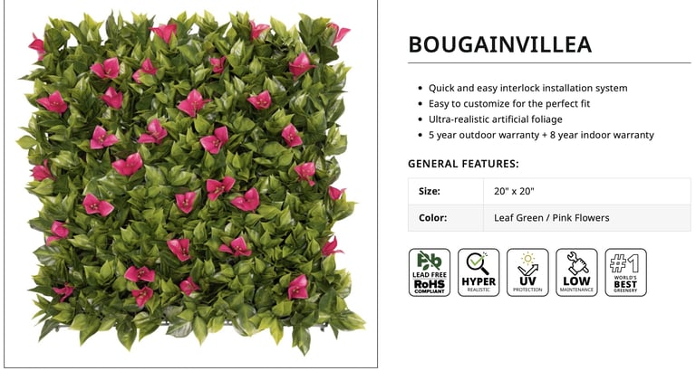 Durable outdoor green wall installed on a brick surface