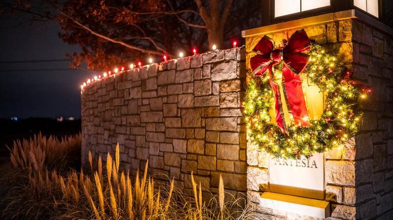 Illuminated Christmas wreath with a red bow on a stone HOA entrance at night.