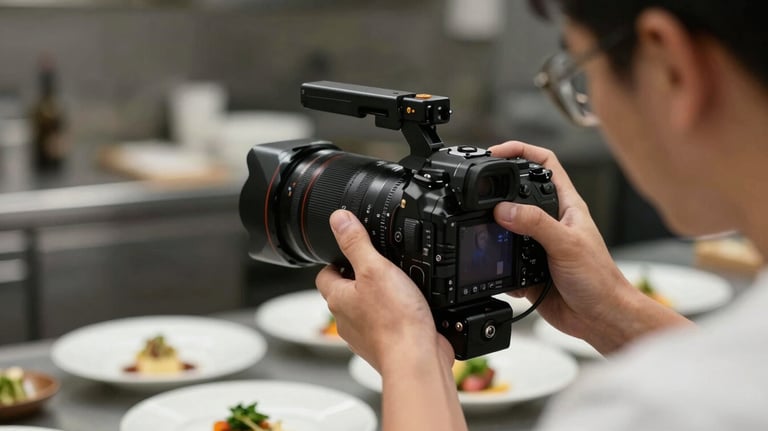 A behind-the-scenes shot of a professional camera focused on a chef's hands preparing a complex dish in a high-end restaurant kitchen.