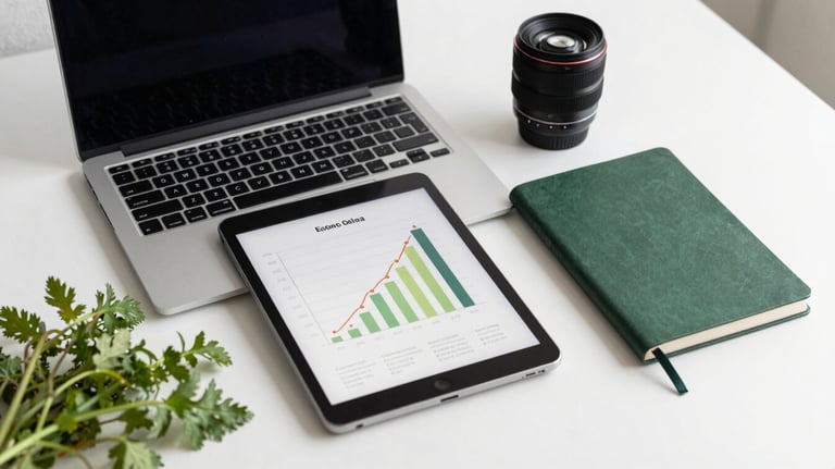 A minimalist workspace scene with a laptop and a tablet showing growth charts, surrounded by fresh herbs and a matte forest green notebook. European / North American.