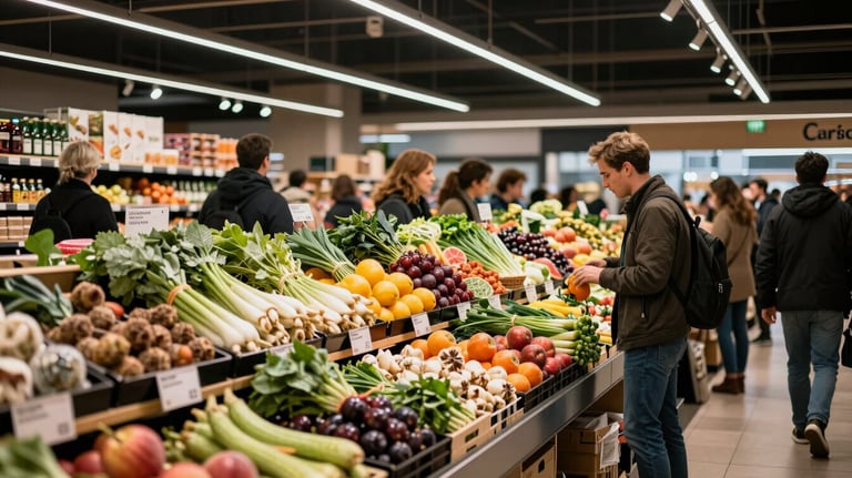 A vibrant shot of a modern food market interior, showcasing organized displays of organic goods and a diverse crowd of patrons. European / North American lifestyle photography.