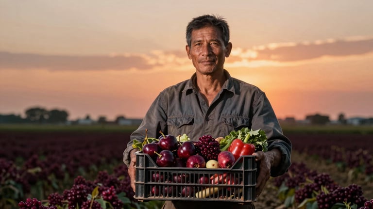 A portrait of a local farmer in a field at sunset, holding a crate of fresh produce. Authentic, professional photography with deep ripe crimson tones.