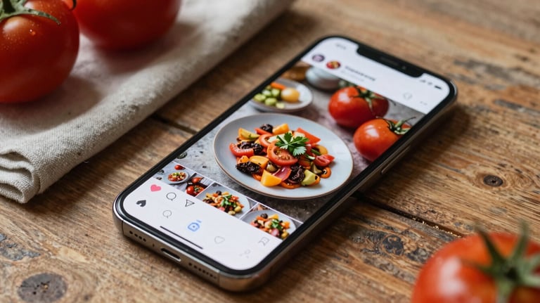 A close-up of a smartphone displaying a beautiful food Instagram feed, resting on a rustic wooden table next to a linen napkin and fresh tomatoes. Crisp Parchment lighting.