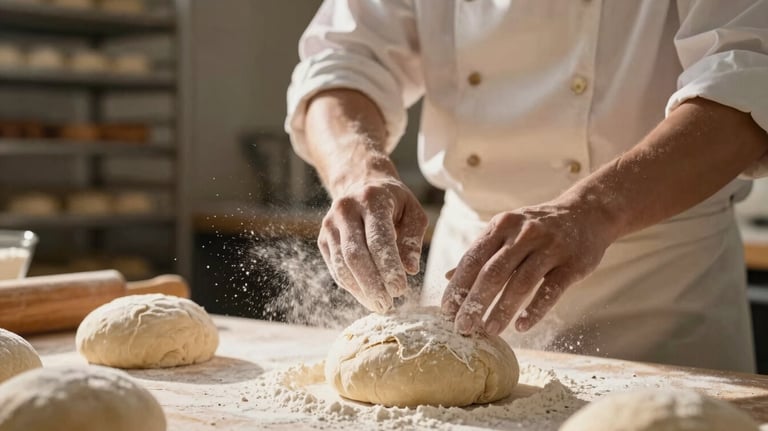 A high-contrast photo of an artisanal baker dusting flour over fresh dough, captured in slow motion with warm morning light. European / North American.