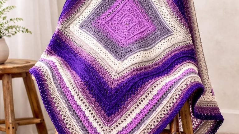 Handmade crochet blanket in purple and cream ombre square pattern draped over a wooden chair.