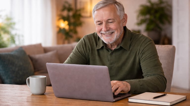 Older man confidently using laptop after cyber safety guidance