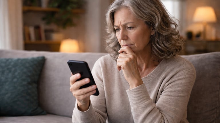 Woman reviewing suspicious phone message during scam awareness training