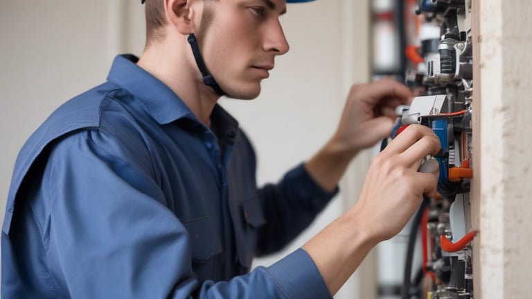 A student wiring an electrical panel under supervision in a bright classroom.