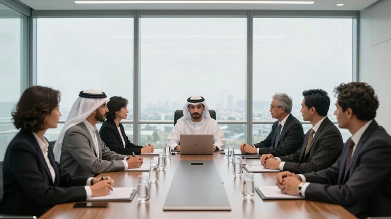 A high-level boardroom meeting in a Global / Western & GCC Business setting, featuring a diverse group of executives in front of large glass windows.