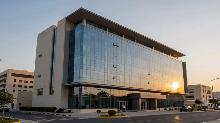 A sleek, professional exterior of a modern healthcare facility in a Global / Western & GCC Business desert city environment at dusk, with golden lighting.