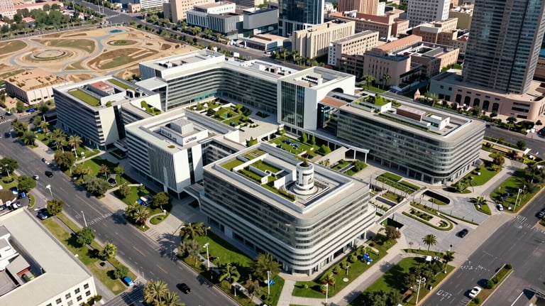 An aerial view of a sprawling, modern medical complex in a Global / Western & GCC Business landscape, featuring lush gardens and contemporary architecture.
