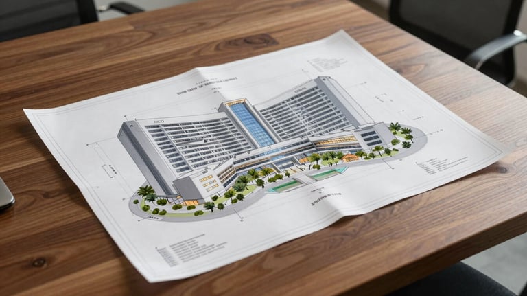 A detailed shot of a digital blueprint for a large-scale hospital project, placed on a high-end wooden table in a Global / Western & GCC Business office.