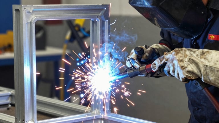 A high-detail shot of a TIG welding process on a complex aluminum structural frame in a professional North American workshop, featuring brilliant blue sparks and a skilled technician in safety gear.