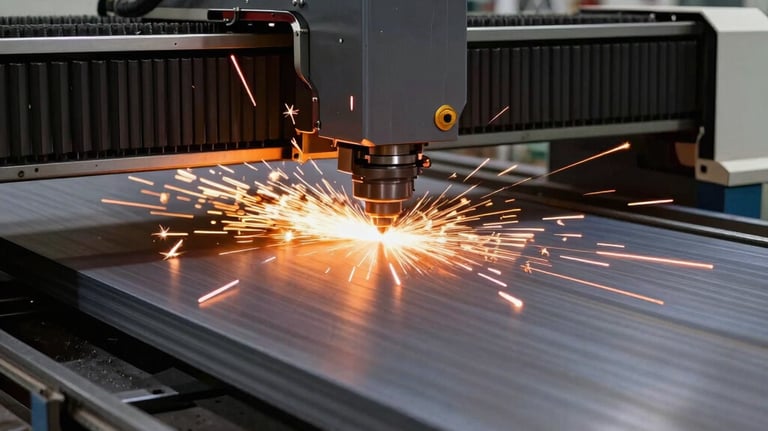 An industrial fiber laser cutting machine slicing through a thick steel sheet with high precision, bright orange sparks illuminating a dark grey professional workshop.