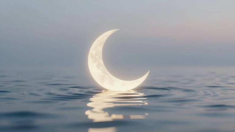 An abstract, peaceful representation of emotional balance, featuring a glowing moon crescent and soft, rippling water. Minimalist and premium style.
