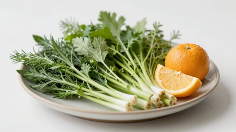 A bright, clean image of seasonal organic herbs and fruits on a ceramic plate. Modern Vedic aesthetic, focusing on purity and natural harmony.