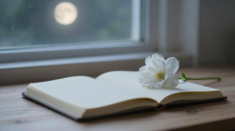 A peaceful workspace with no technology, only a journal and a single white flower, bathed in soft moonlight from a nearby window. Focus on silence.