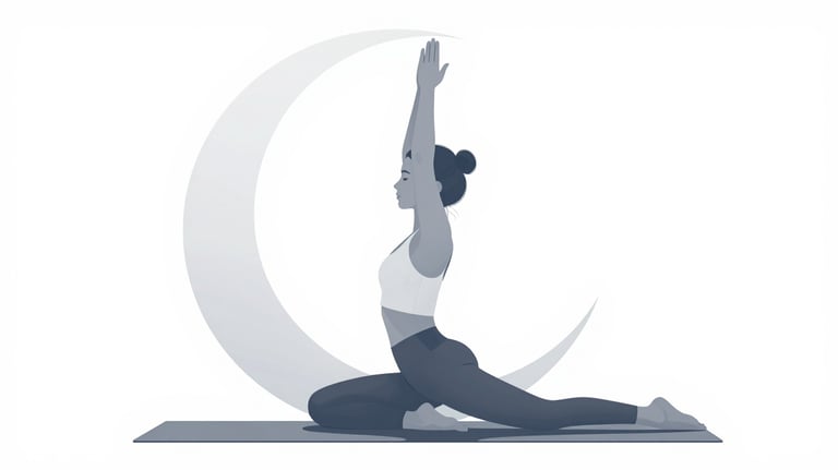 A minimalist, high-end illustration of a moon salutation yoga pose. Clean lines, soft lighting using #5D7E8C and #AABEC6 against a bright #F0F5F7 background.