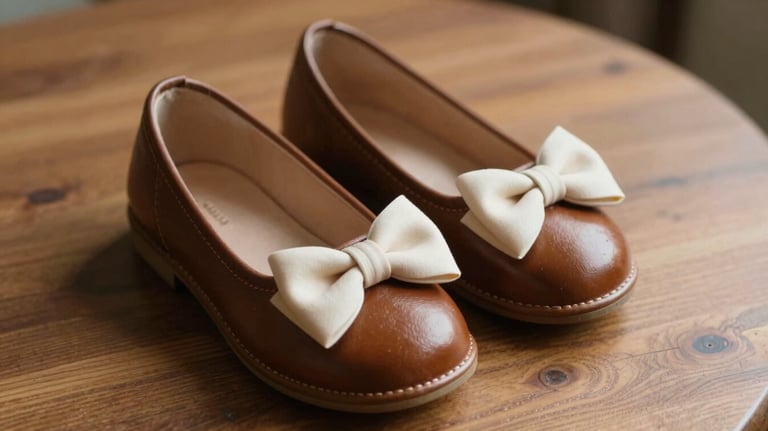 A pair of small leather shoes and a soft cream bow placed on a wooden table, soft natural light.