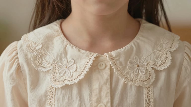 A detailed shot of a girl's dress collar with delicate lace embroidery in soft cream tones, warm and premium lighting.