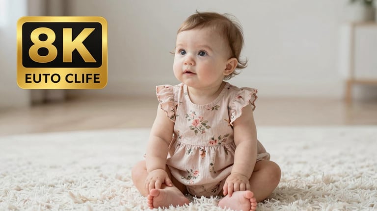 A baby girl sitting on a soft white rug wearing a floral dress in pale dusty rose, natural lighting, serene atmosphere.