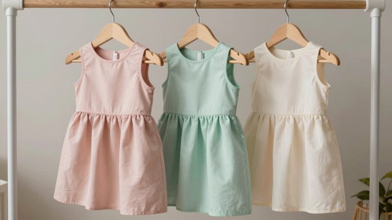 Three different girl dresses hanging on a rack, colors ranging from pale dusty rose to gentle mint green and soft cream, minimalist nursery setting.