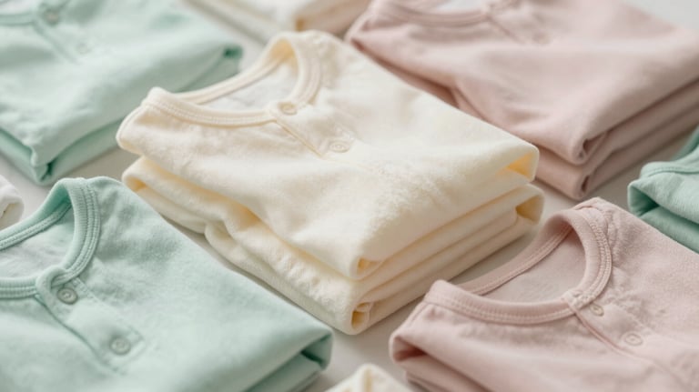 A pile of folded premium baby clothes in soft pastel shades of cream, mint green, and pale dusty rose.