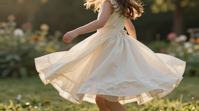 A little girl spinning around in a full-skirted soft cream dress, blurred garden background, golden hour lighting.