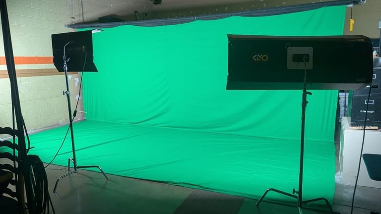 20 foot green screen in Torrance California podcast center with free parking