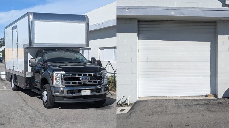 Large roll up door for easy loading at Torrance podcast studio