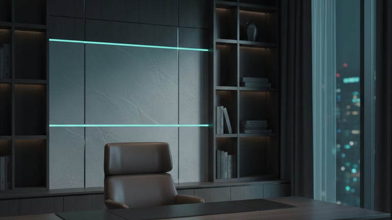 Modern executive home office with sleek dark wood desk, neon lit wall panel, and built-in bookshelves.