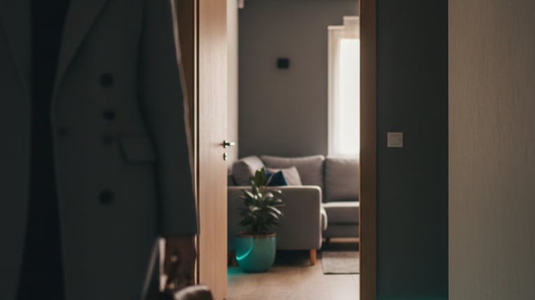 Modern home hallway with neon LED floor lighting strips and person walking towards a living room.