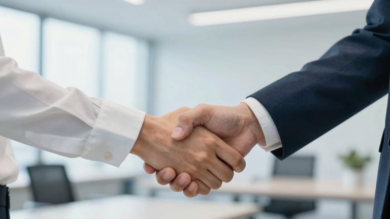 Close-up of two professionals shaking hands in a bright, modern office, symbolizing partnership and trust, with a clean aesthetic and subtle #A7C2BF color tones.