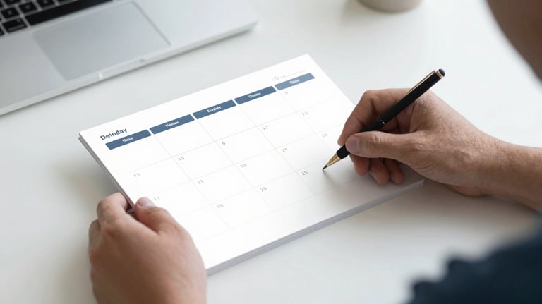A person organizing their schedule on a minimalist desk, symbolizing the consolidation of habits and time management. Clean, high-contrast lighting with #1A2E2F and #A7C2BF accents.