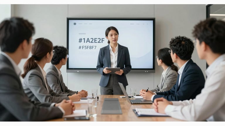 A group of professionals in a high-end meeting room focusing on a presentation. The atmosphere is professional and sophisticated. Palette centers on #1A2E2F and #F5F8F7.