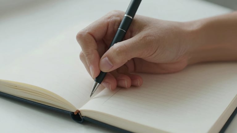 Close-up of a person journaling in a clean, high-quality notebook, symbolizing the start of the consciousness journey. Soft light, focused on the paper. Palette #F5F8F7.