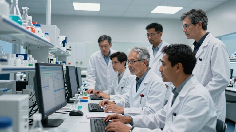 A diverse group of North American / US scientists and medical professionals collaborating in a modern, well-lit biotechnology laboratory. They are gathered around advanced research equipment, analyzing data on multiple digital displays, with a focus on their engaged expressions and the intricate details of the technology. The composition is professional and forward-thinking, capturing a moment of scientific discovery. Bright, cool lighting emphasizes a clean and sophisticated atmosphere. The style is realistic and high-definition, conveying scientific expertise and innovation.