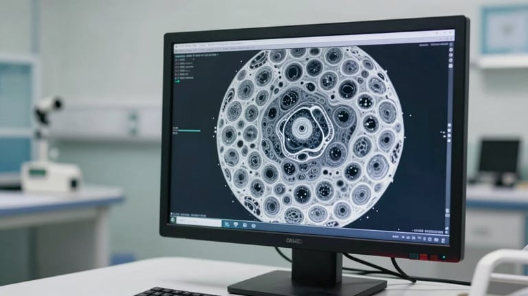A clean, bright photograph of a high-resolution medical monitor displaying detailed cellular analysis, set in a modern North American hospital workstation.