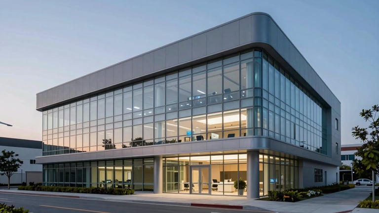 A professional architectural shot of a state-of-the-art medical diagnostics center in the US, featuring clean glass lines and a muted blue-gray and steel blue exterior at twilight.