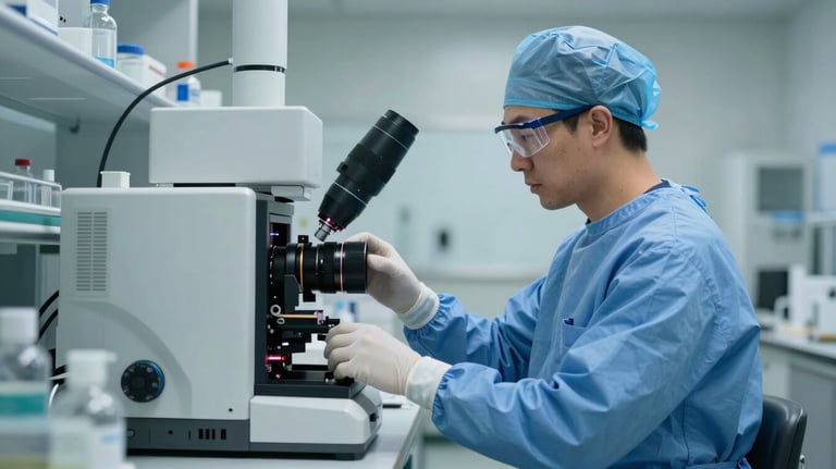 A professional shot of a laboratory technician in blue scrubs and safety glasses working with high-tech imaging equipment in a sleek US-based research center.
