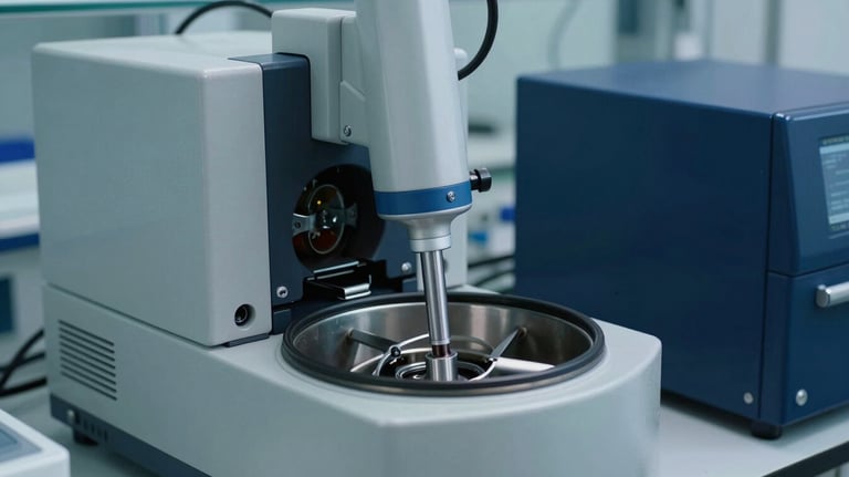A high-resolution photograph of a sterile laboratory setting with a focus on an advanced medical centrifuge and micro-pipetting equipment in steel blue and dark navy tones.