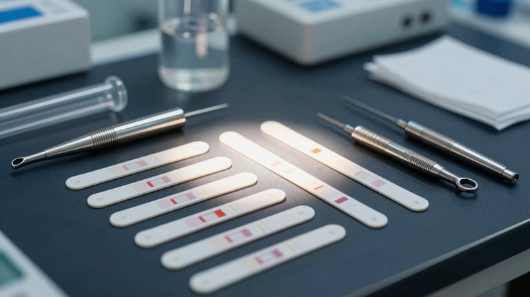 An image of high-precision diagnostic testing strips and sterile biotech tools arranged neatly on a dark navy surface under bright, clean surgical lighting.