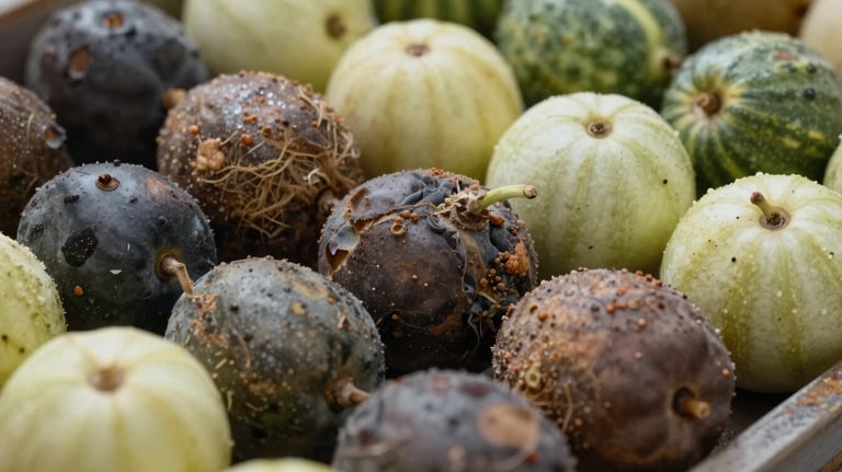 Macro photography of bruised, inconsistent produce next to premium produce, showing the risk of poor quality control in global sourcing.
