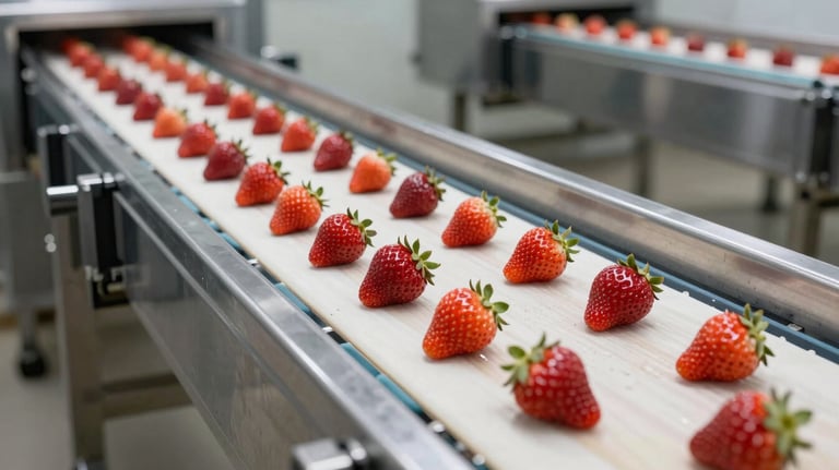 Clean, industrial frozen food facility in Egypt, showing IQF strawberries on a stainless steel conveyor belt, sterile and modern environment.