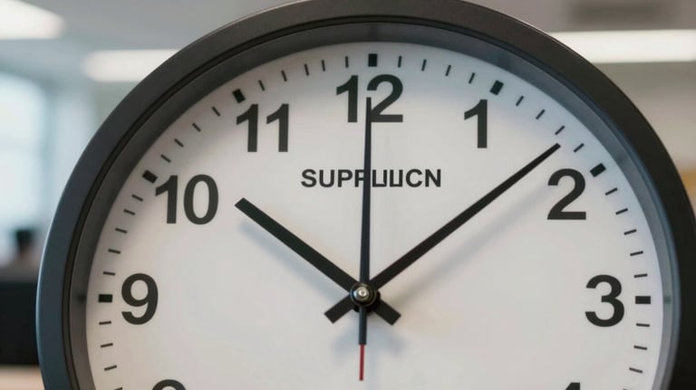 A close-up of an analog clock face in a modern office, emphasizing the urgency and time wasted with slow communication from suppliers.