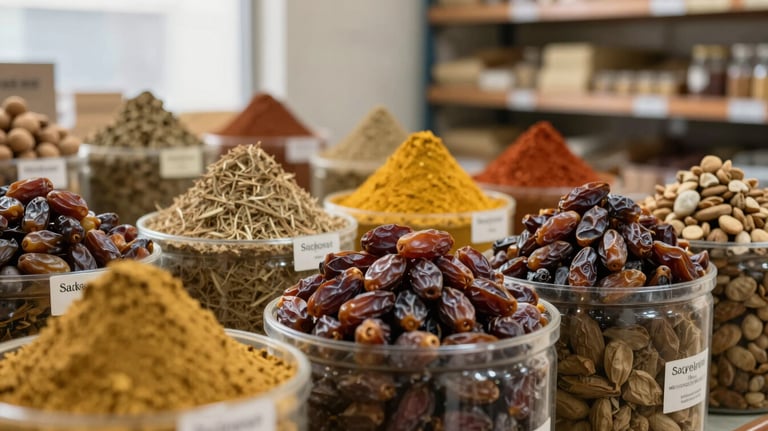 Sacks of Egyptian spices and dates in a clean, organized warehouse setting, soft natural light, professional composition.