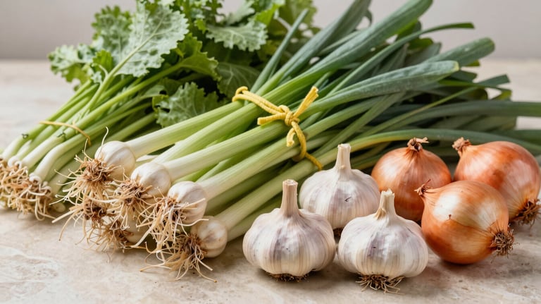 High-quality Egyptian fresh vegetables, including garlic and onions, professionally arranged on a light stone surface, bright natural lighting.