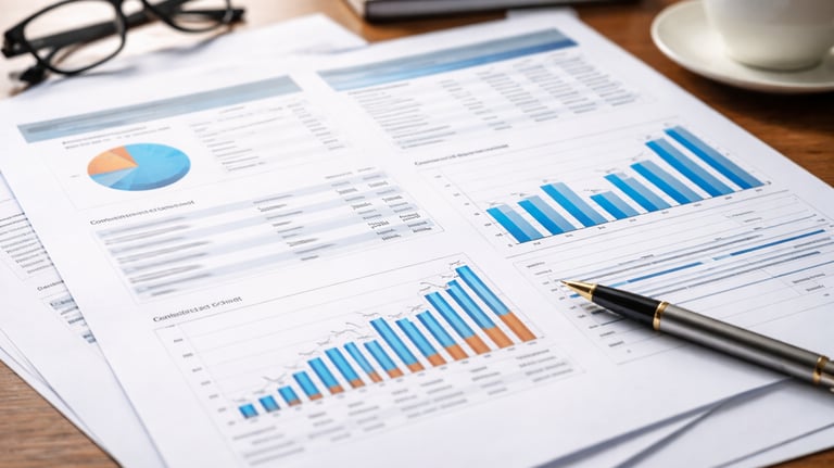 Financial data reports with bar graphs and charts on a desk with a pen and coffee cup.
